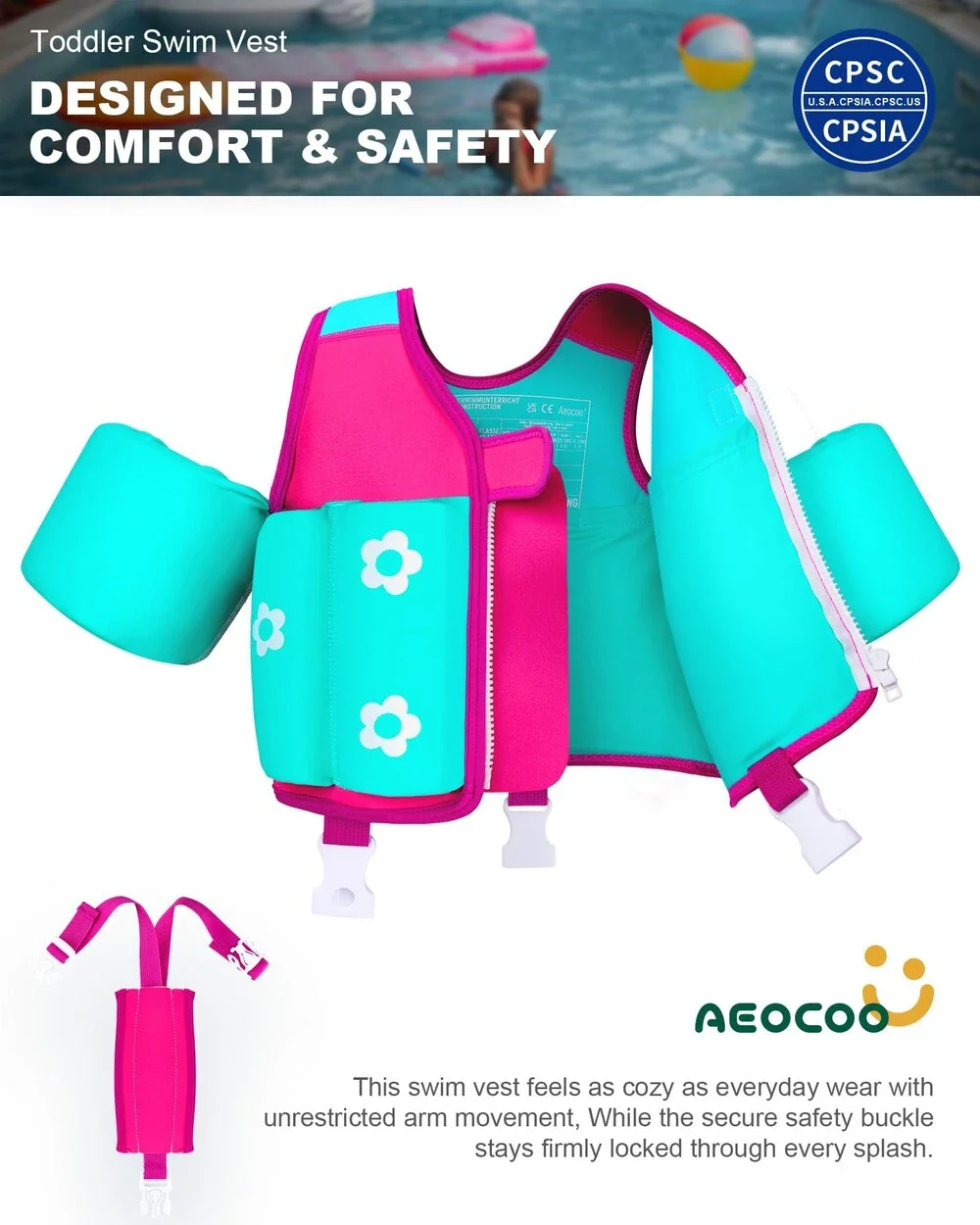 Toddler Swim Vest Medium Pink Turquoise Floaties